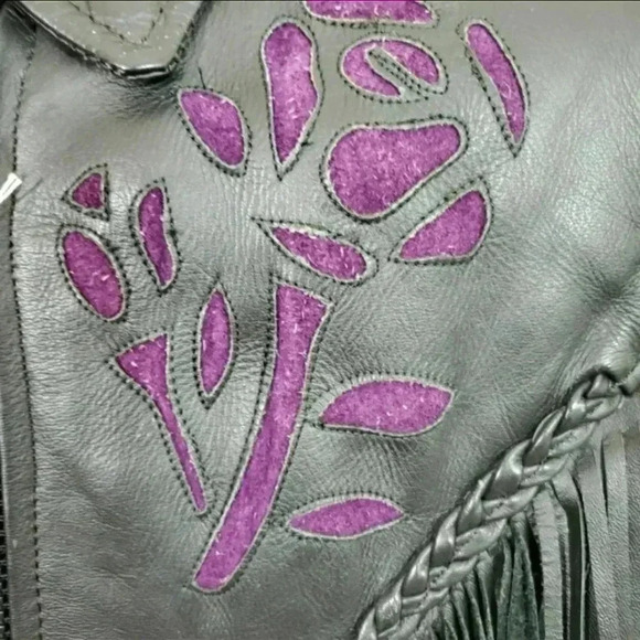 Black Leather Vintage Western Fringe Jacket with Purple Embroidery – Medium - Picture 14 of 16